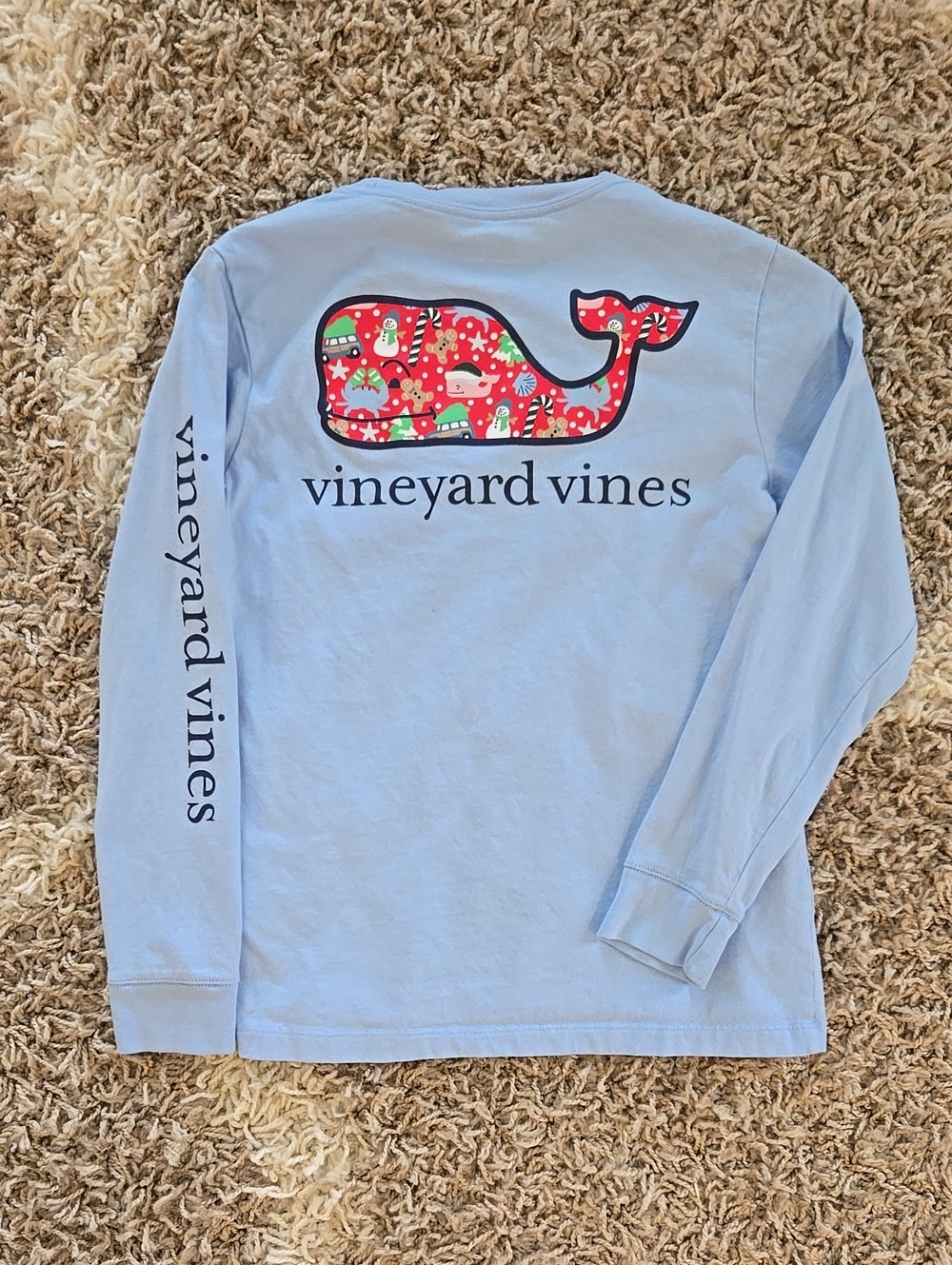 Vineyard Vines Snowy Christmas Holiday Light Blue Long-Sleeve Whale Tee
